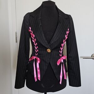 Ma*rs Agejo Gyaru Alice Time Black Pinstripe Blazer with Pink Ribbon Accents